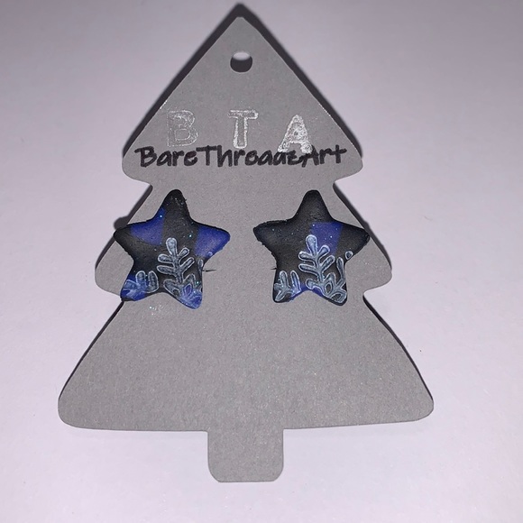 Handmade Blue Plaid Stars with Snowflake Earrings - Picture 1 of 3